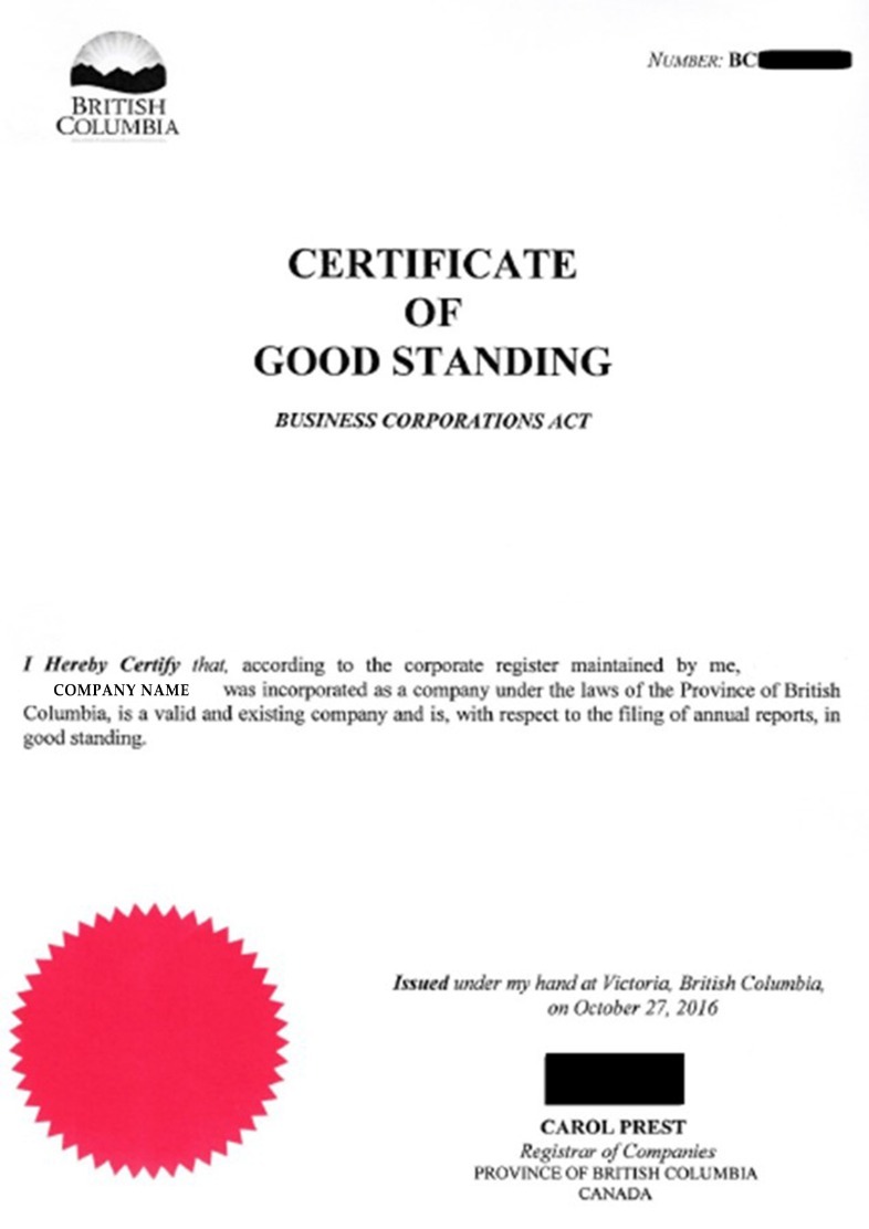 Columbia  Certificate of Good Standing